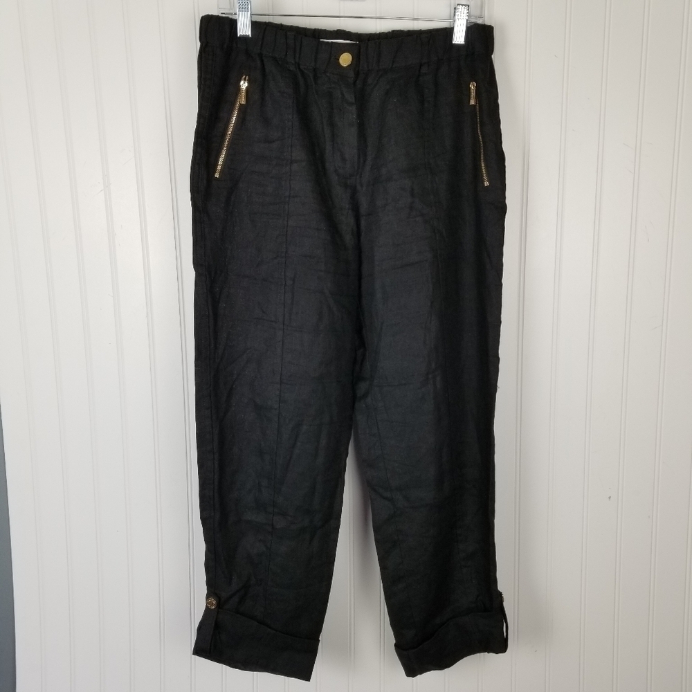 Calvin Klein Womens Black Linen Roll Tab Cuff Pants Size Small Elastic Waist Zip - Picture 11 of 11